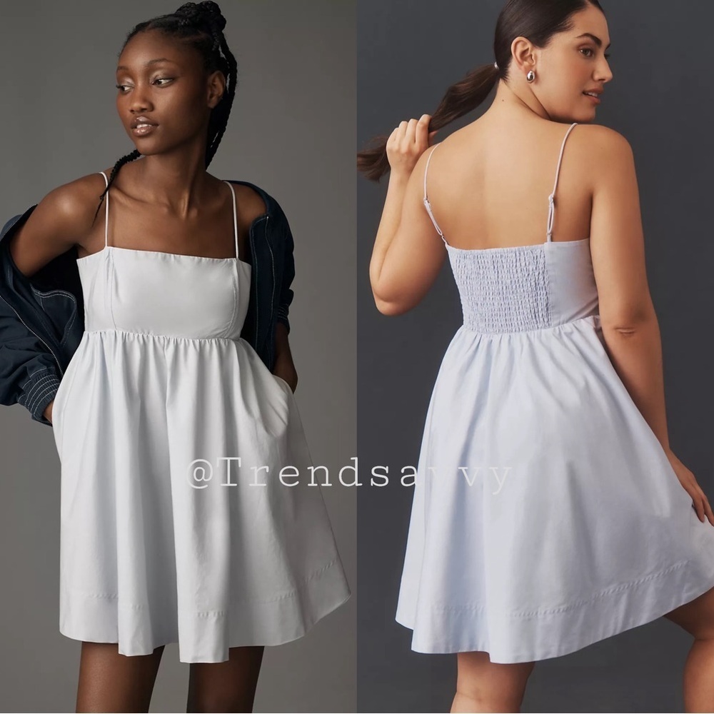 Anthropologie Maeve Blue Square Neck Babydoll Mini Dress Smocked Back Vacation L